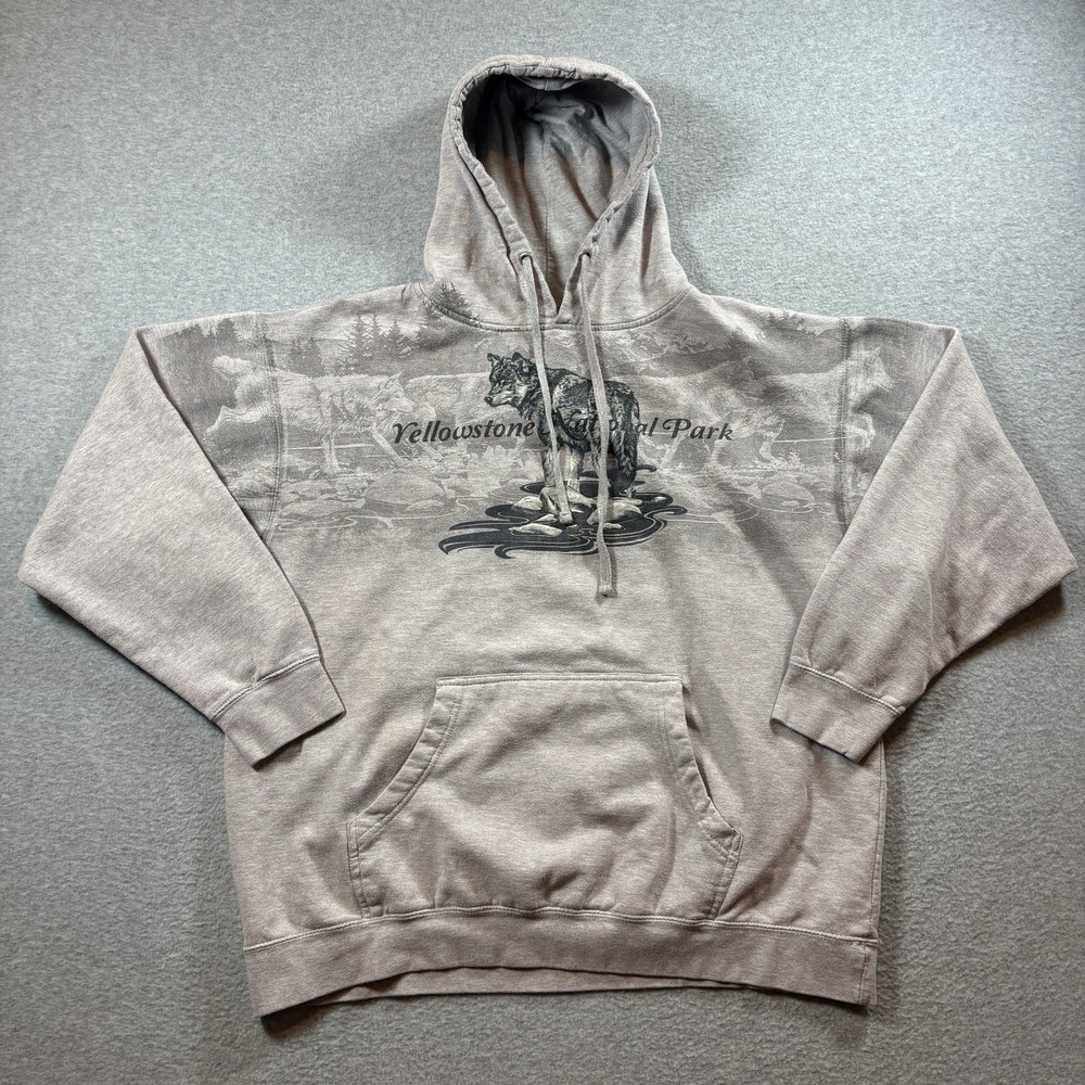 Vintage Yellowstone National Park Wolf Hoodie Sweatshirt Mens 2XL Brown AOP Y2K